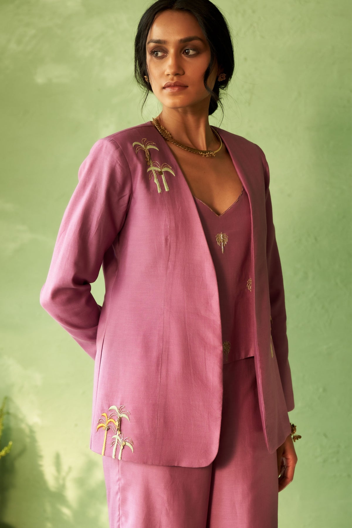 Palm Embroidered Jacket Set