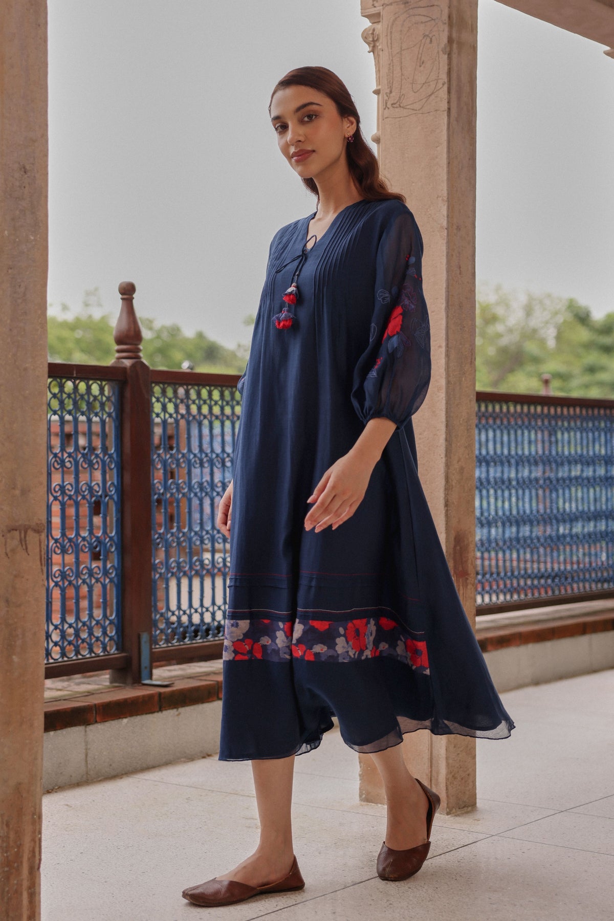 Indigo Bloom Pintuck Dress