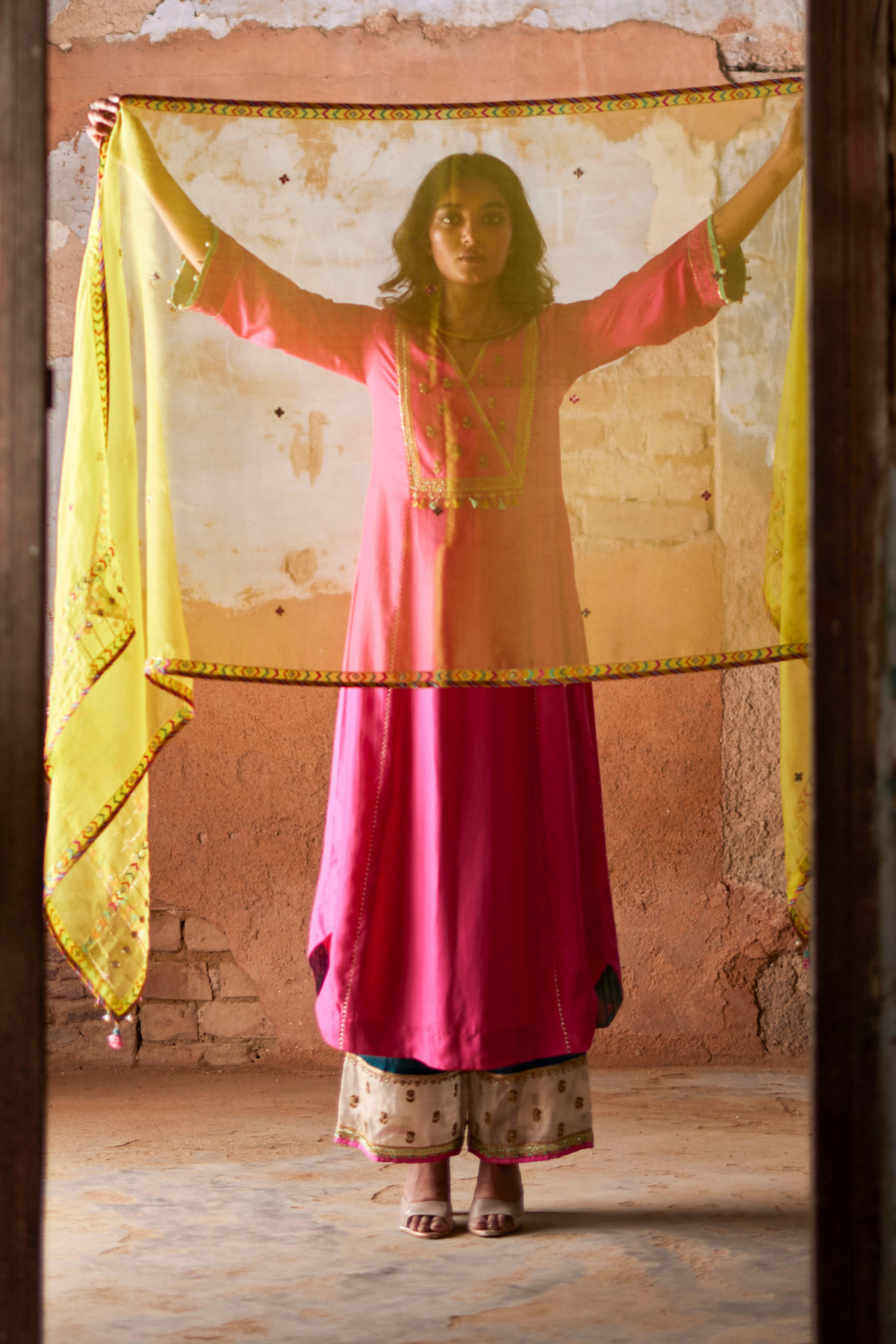 Nadira Hot Pink Silk Yoke Kurta Set