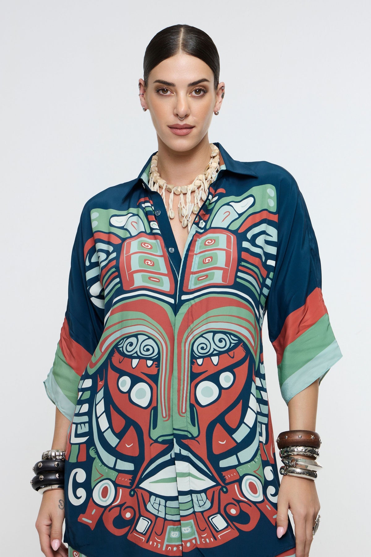 Midnight Blue Printed Mask Trench Coat Set