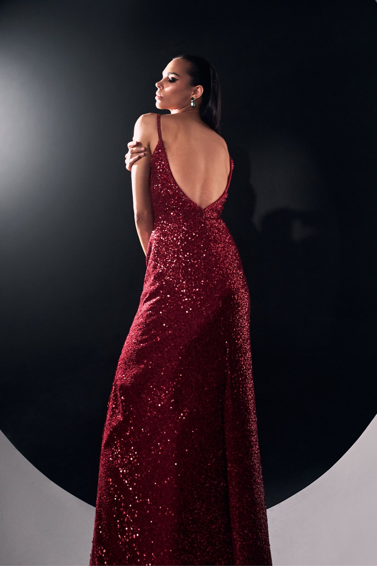 Red Sequins Slit Gown