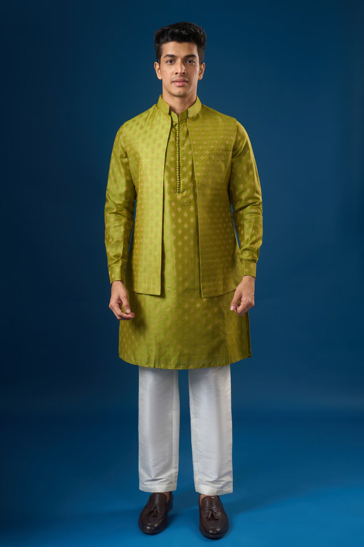 Olive Brocade Kurta-bundi Set