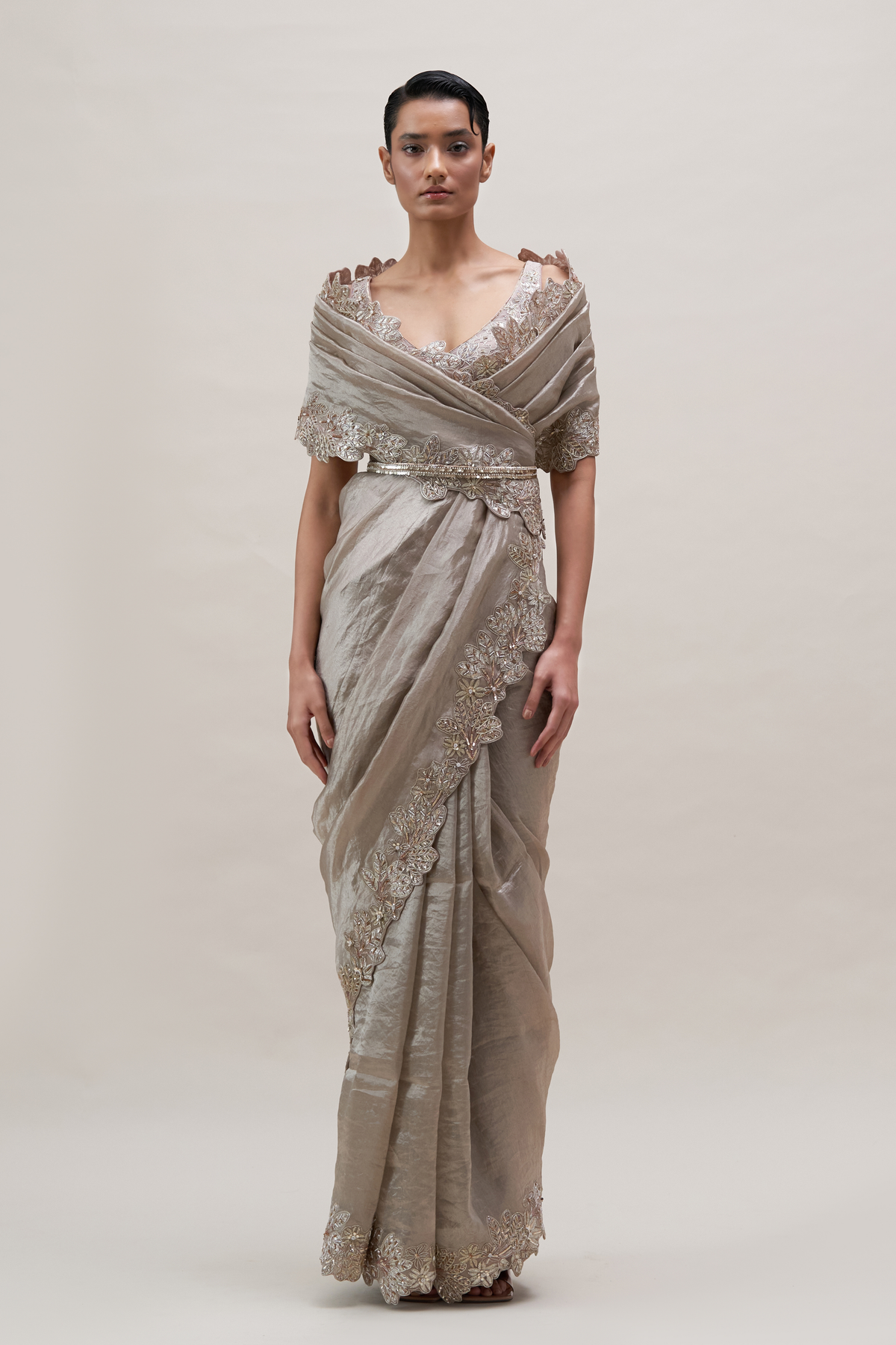 Palm Silver-soft Lilac Scallop Tissue Saree Set