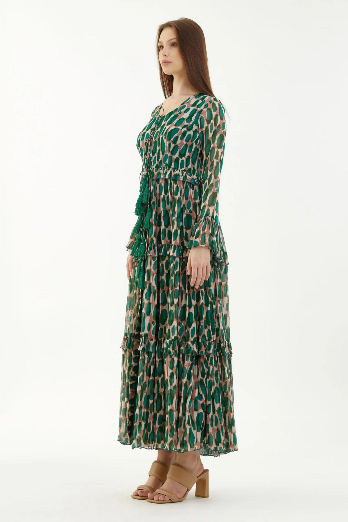 Green And Peach Front Open Frill Dress