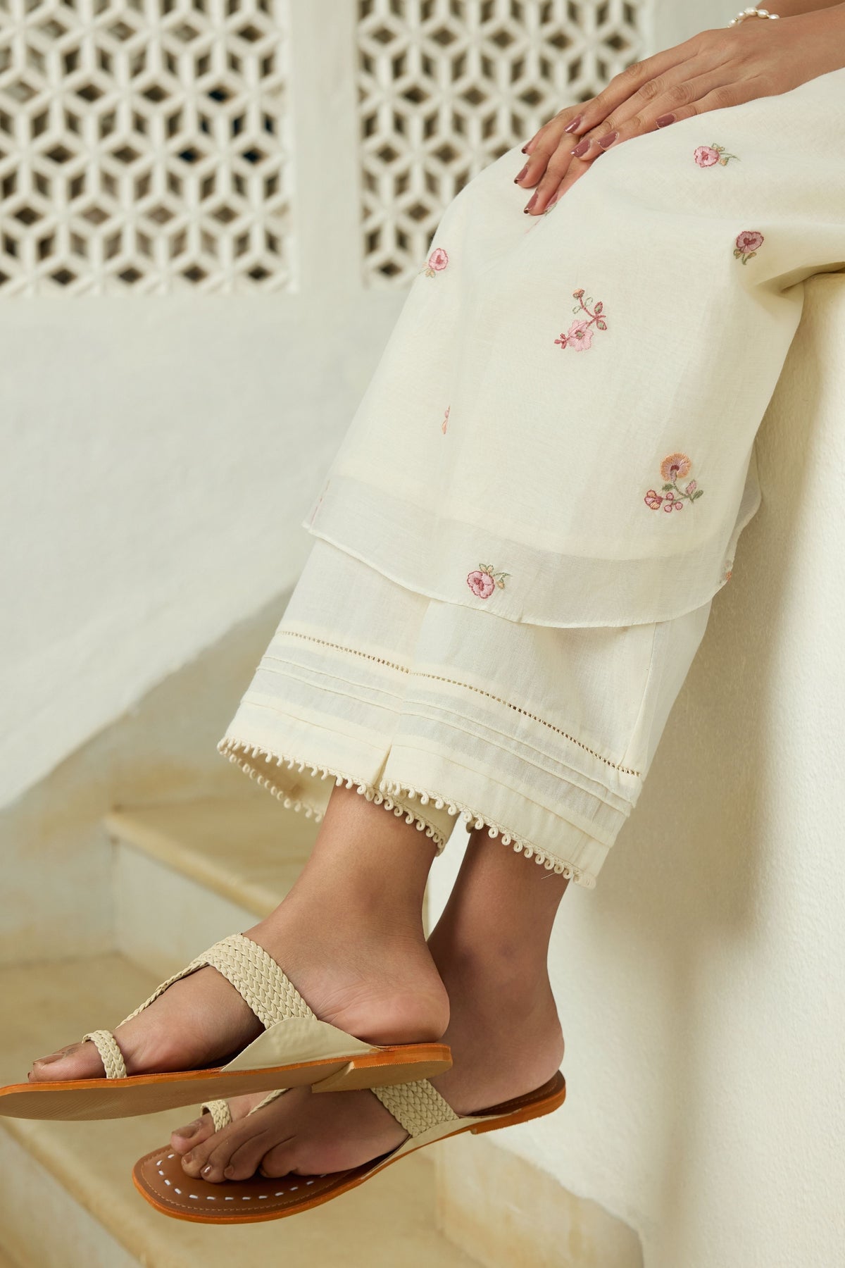 Ivory Floral Embroidered Tunic Set