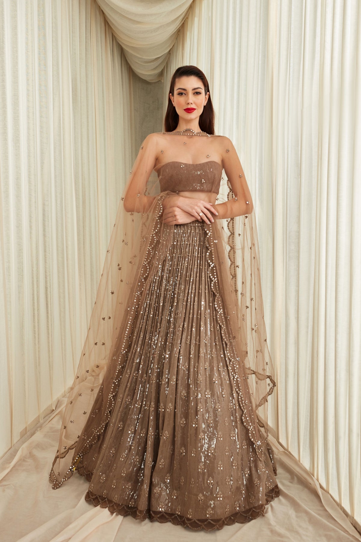 Taupe Sequined Mirror Lehenga Set