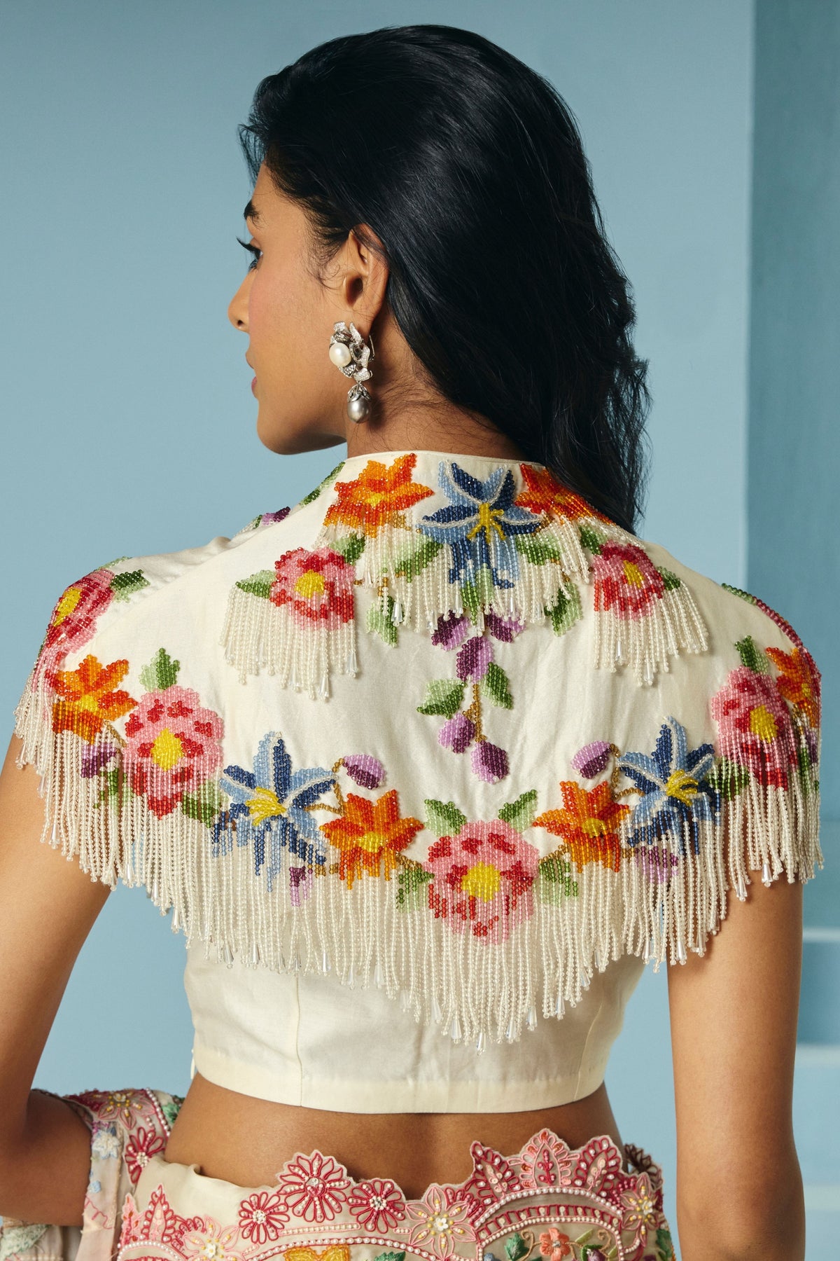 Ivory Floral Beaded Fringe Cape