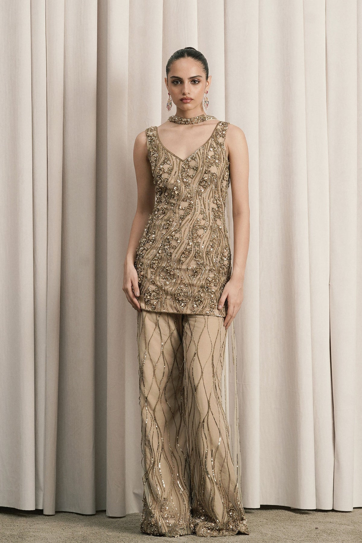 Beige Cutdana Embellished Sharara Set