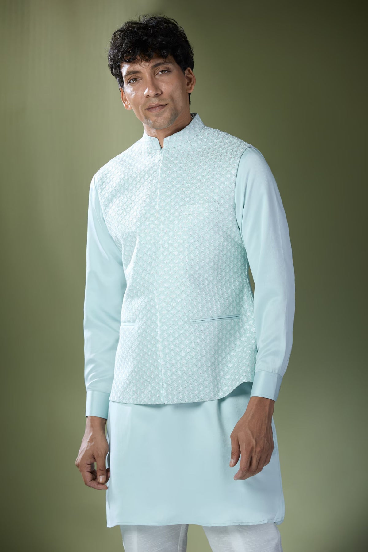 Aqua Blue Embroidered Nehru Jacket Set