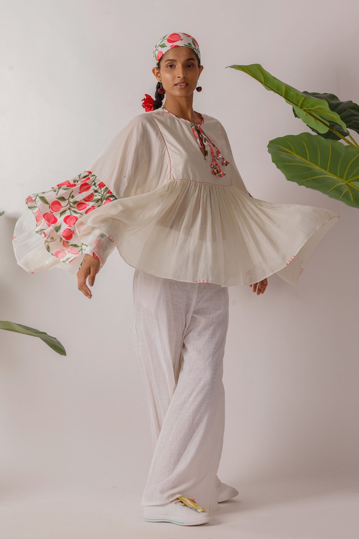 Pomegranate Printed Flared Sleeves Top