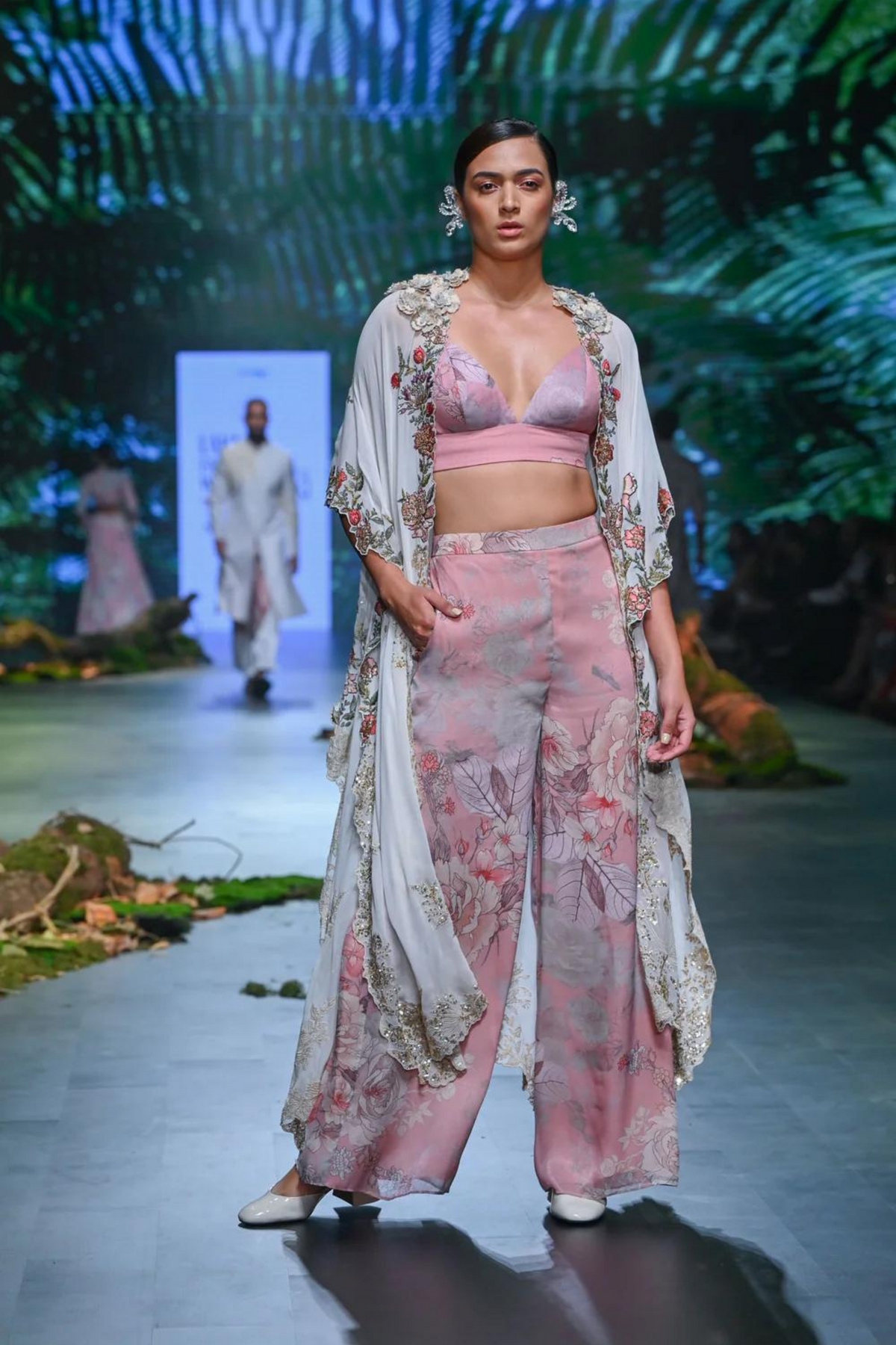 Pink Printed Co-ord Set With Embroidered Cape