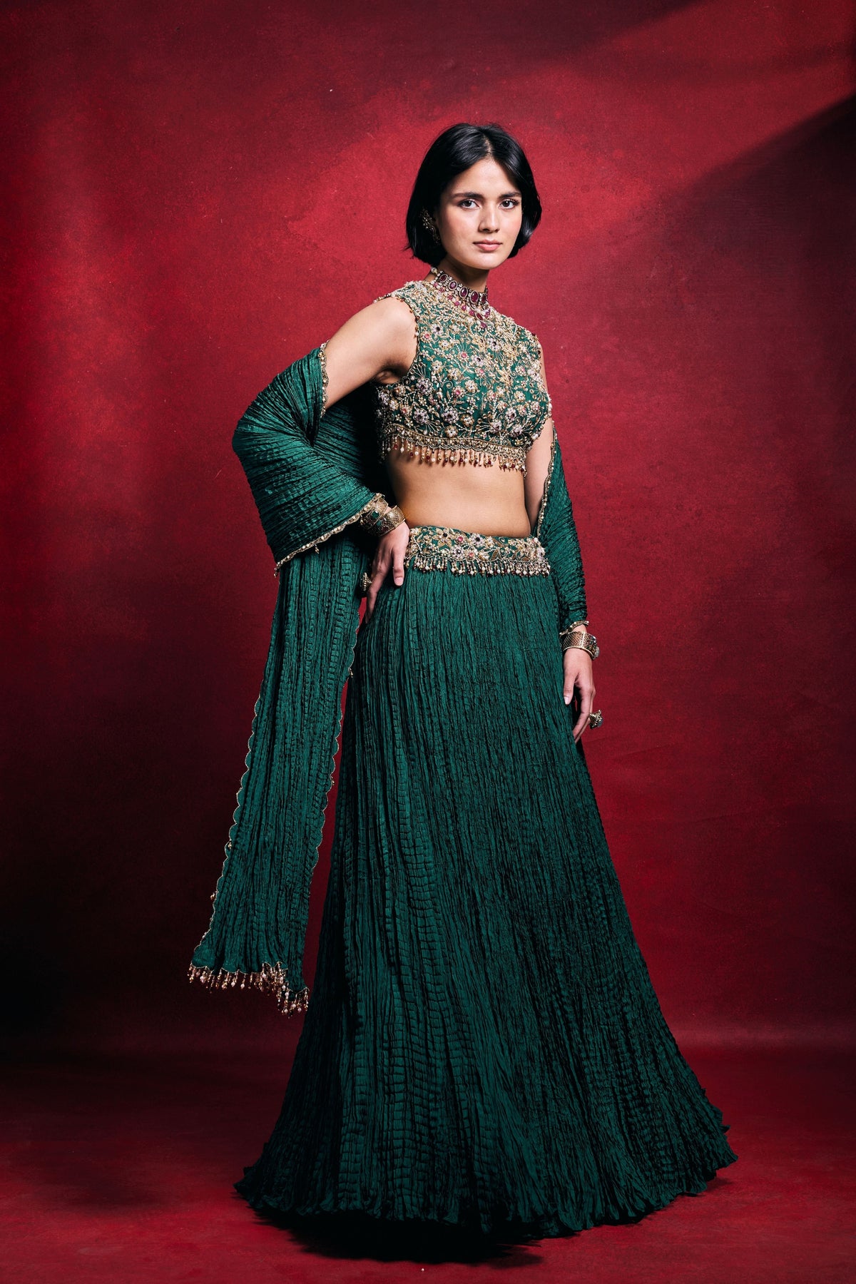 Emerald Green Crushed Lehenga Set