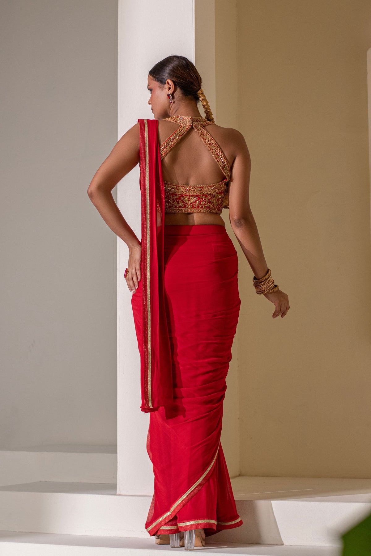 Crimsom Red Pre Draped Saree Set