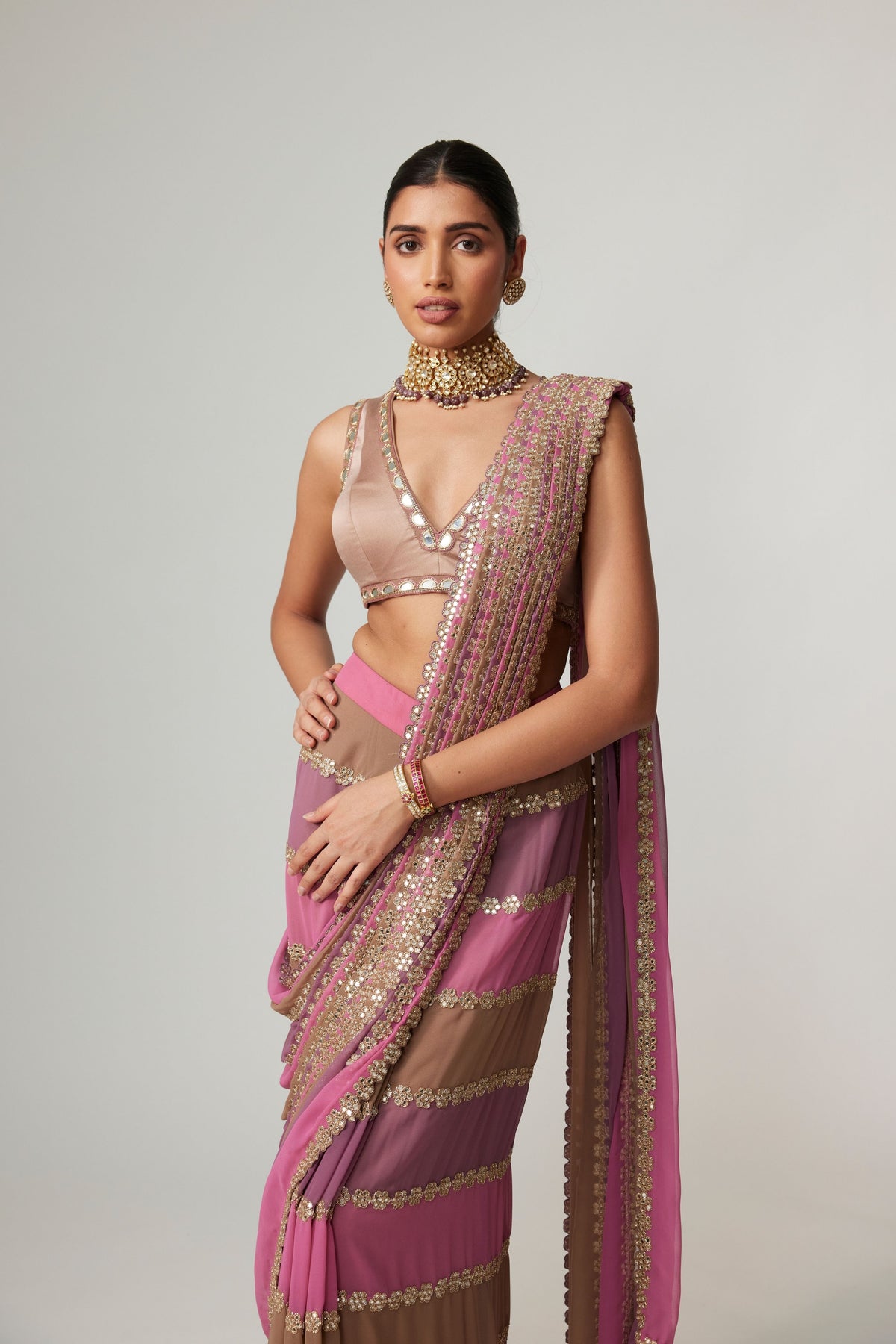 Deep Beige Multicolor Saree Set