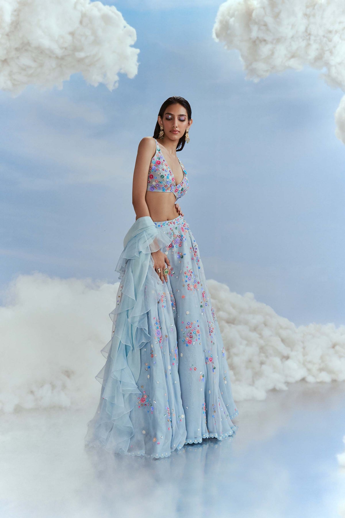 Blue Izmir Carnations Lehenga Set