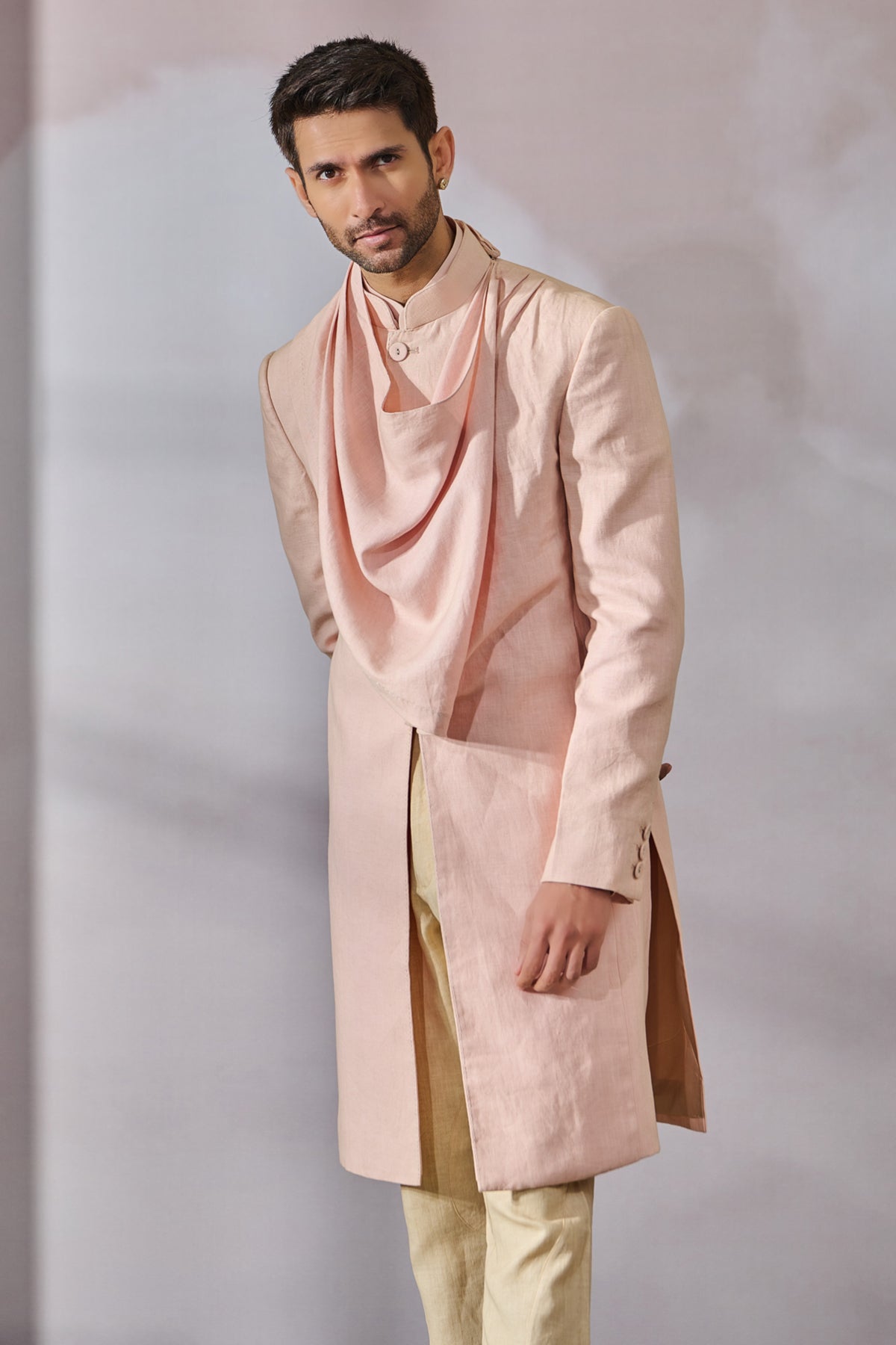 Salmon Draped Sherwani Set