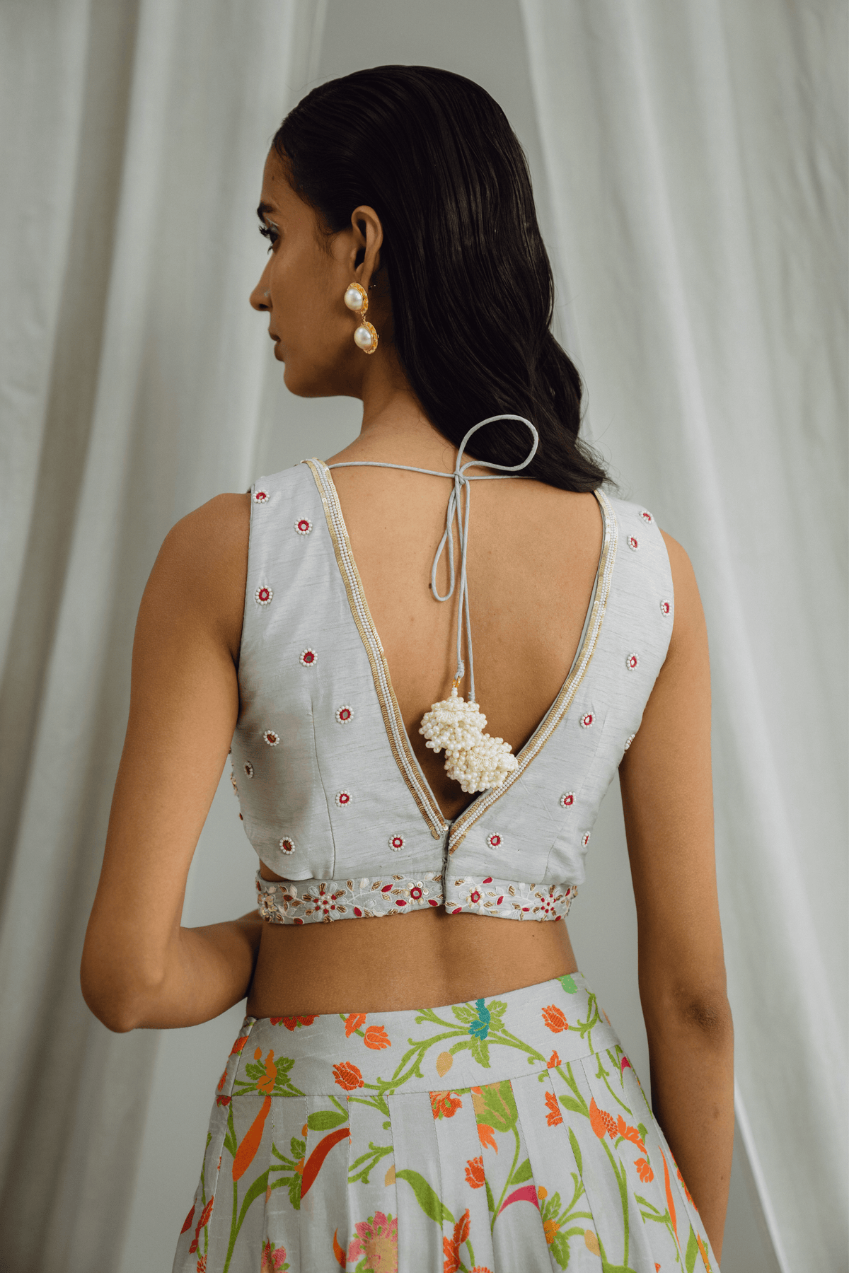 Grey Mix Print Paneled Lehenga Set