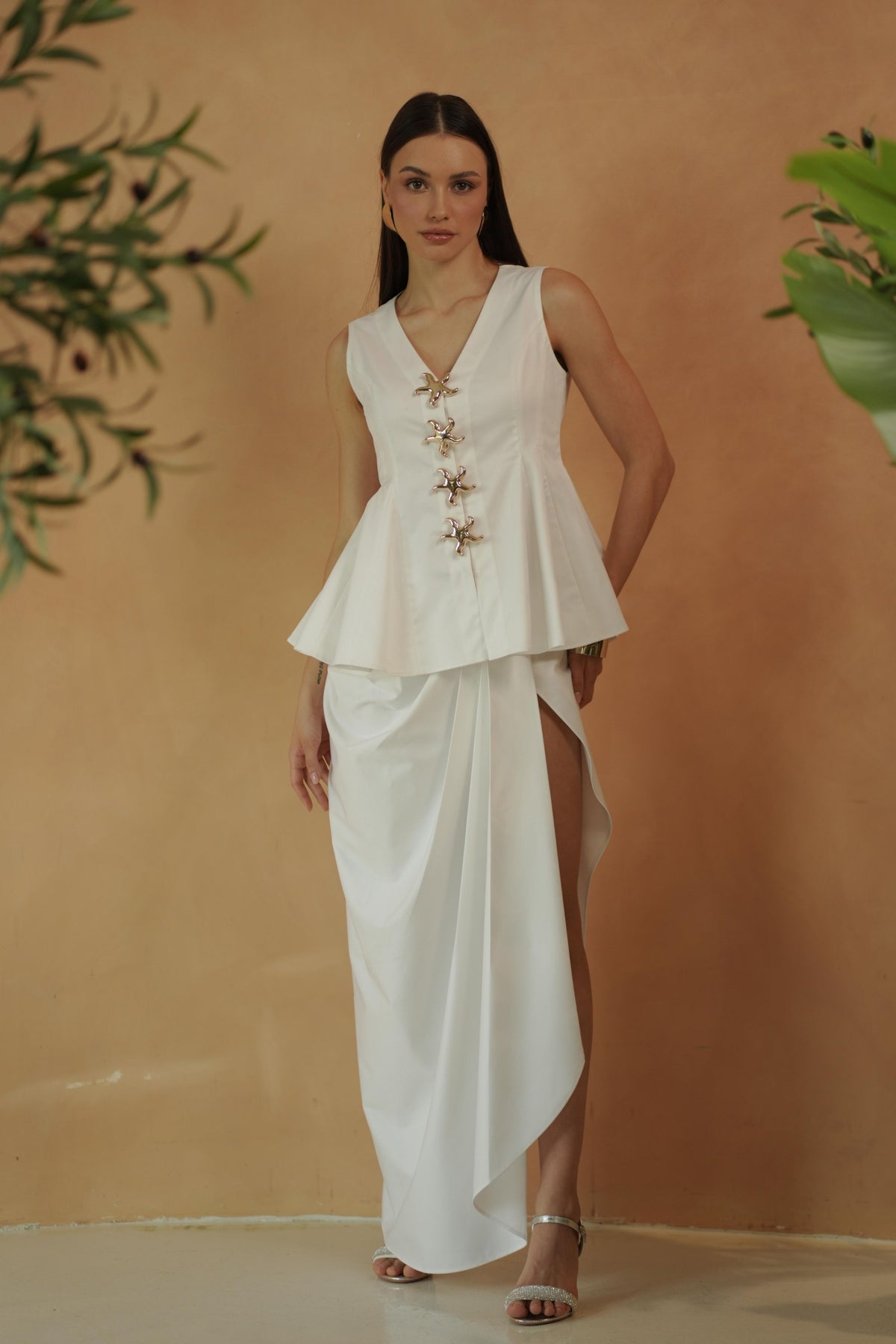 Peplum Top And Draped Skirt