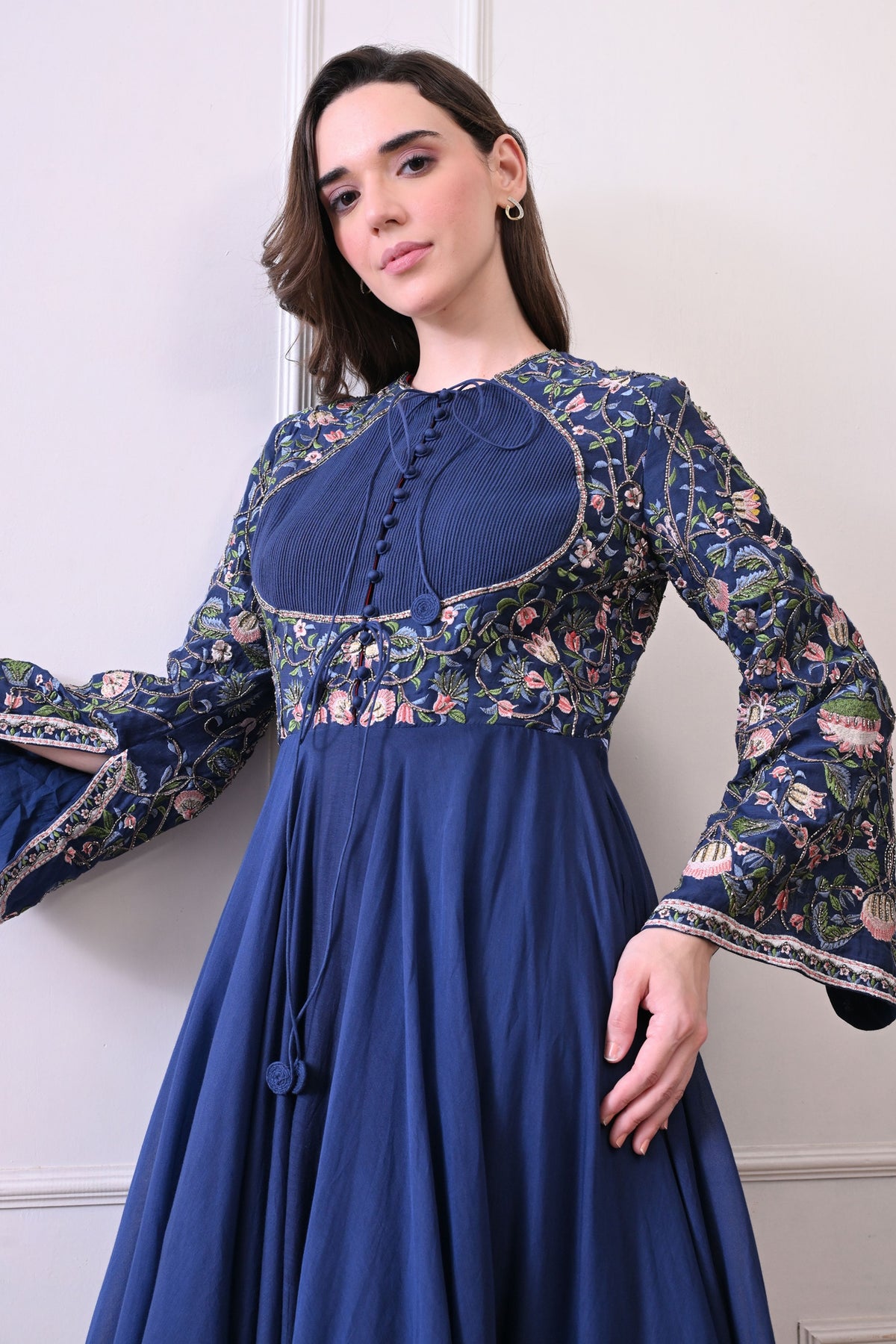 Blue Trumpet Sleeves Embroidered Anarkali