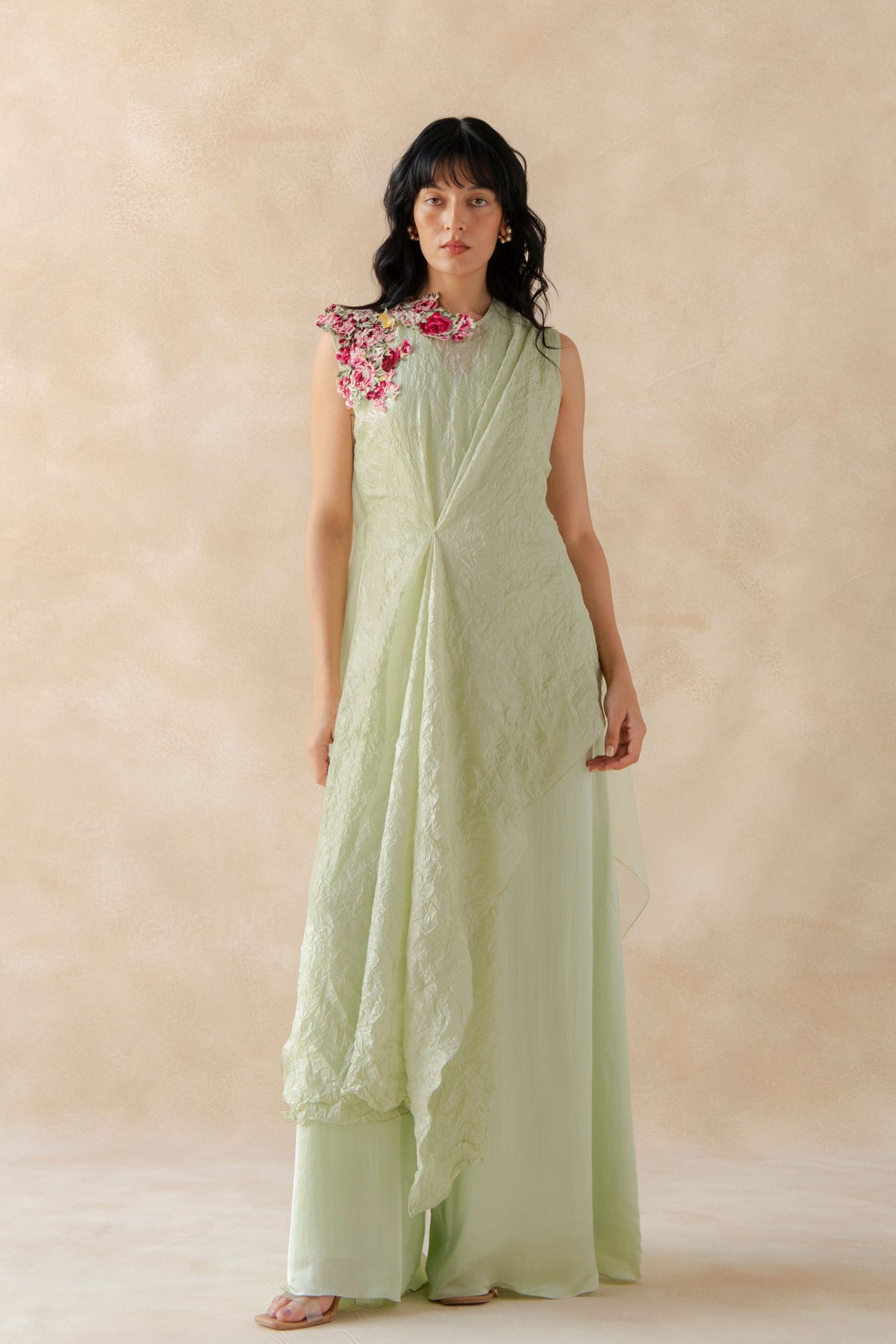 Embroidered Crush Overlay Jumpsuit