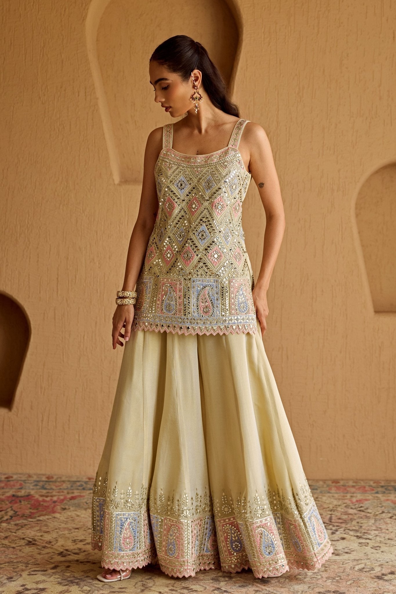 Ivory Tissue Patch Kurta Sharara Set - Suhino - Elahe