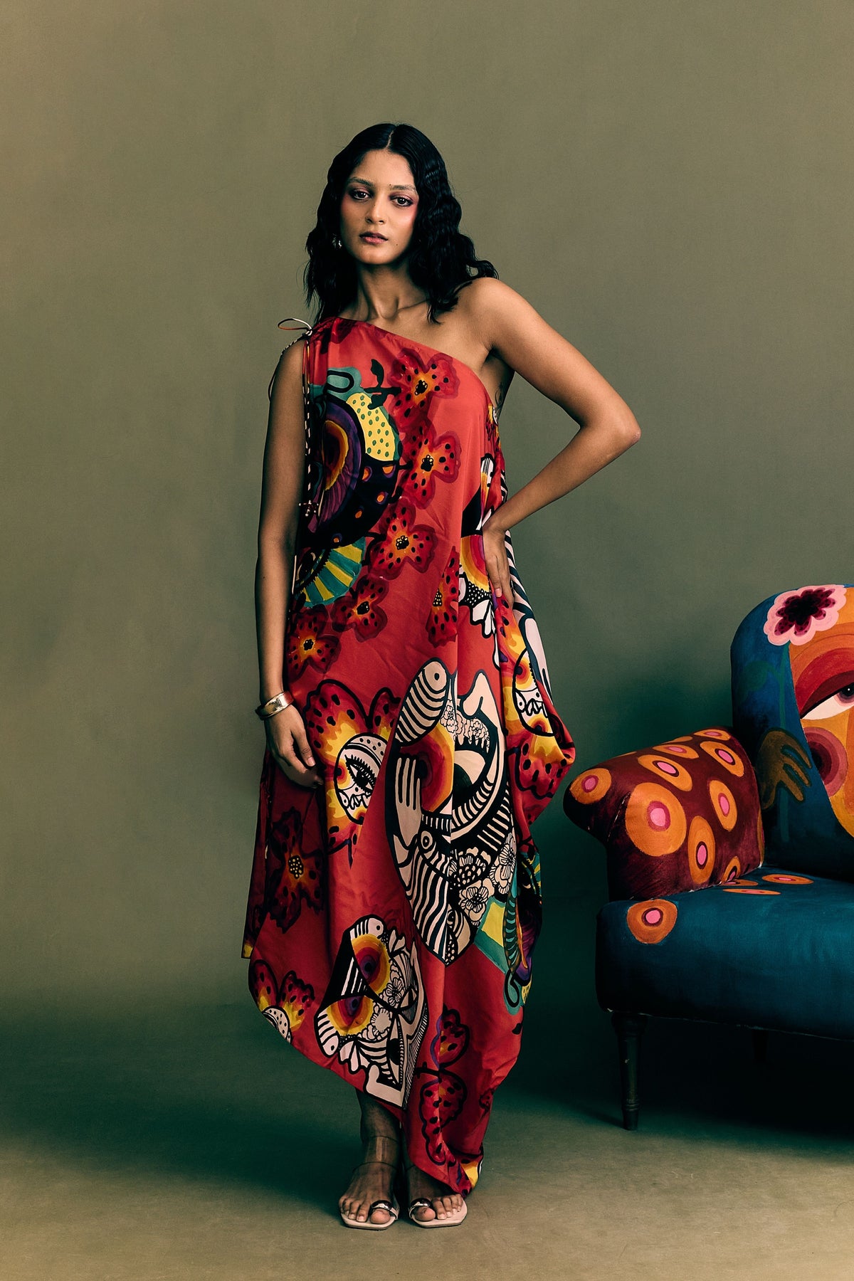 Vase Face One Shoulder Kaftan Dress