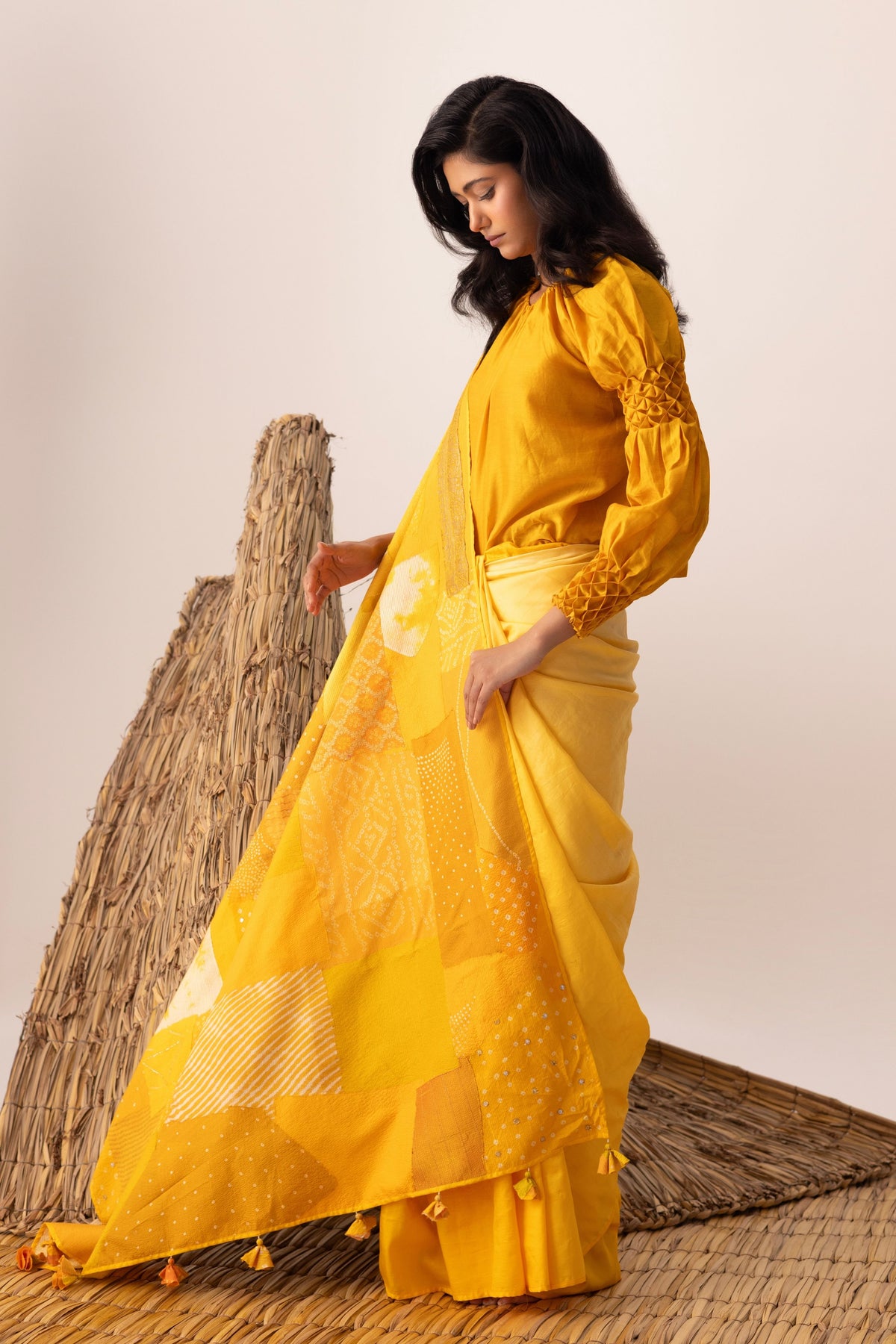 Yellow Bandhani Patchwork Saree set