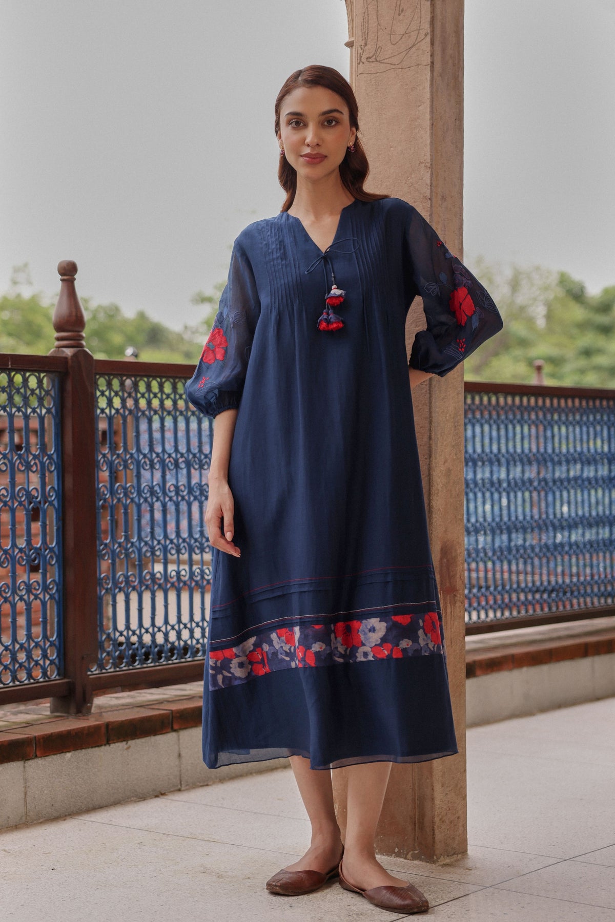 Indigo Bloom Pintuck Dress