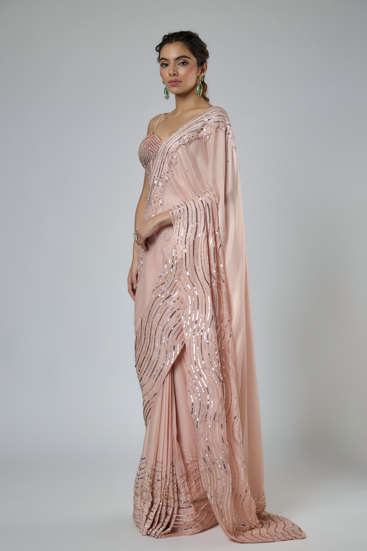 Dark Peach Draped Saree Set
