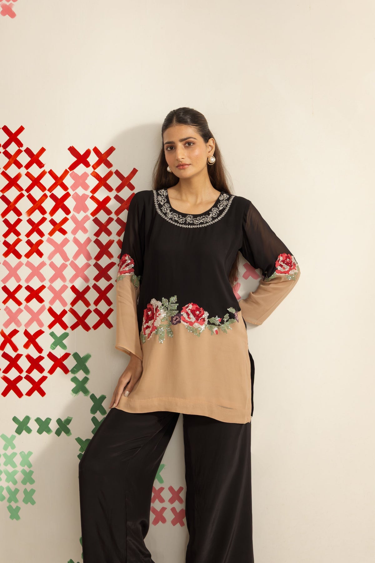 Black Beige Harmony Tunic Set