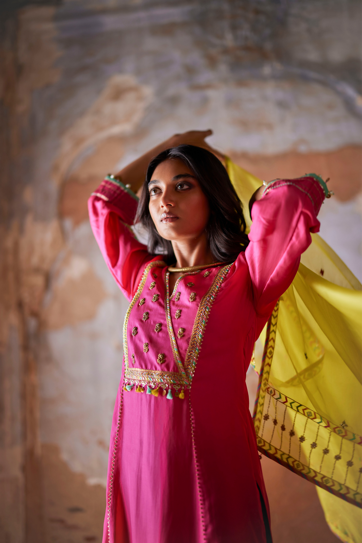 Nadira Hot Pink Silk Yoke Kurta Set