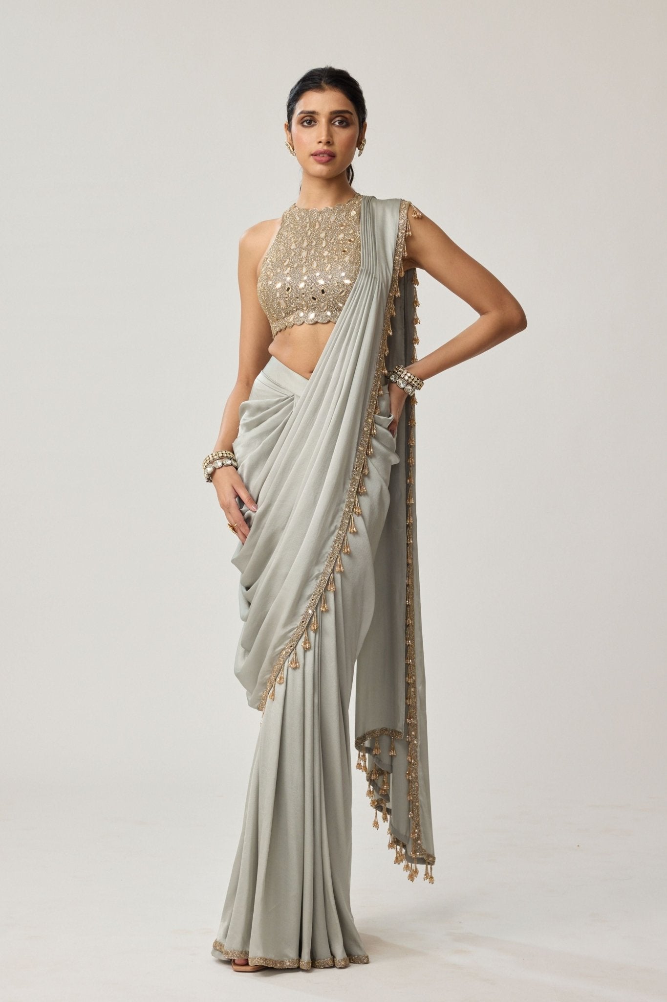 Powder Grey Draped Saree Set - Vvani by Vani Vats - Elahe