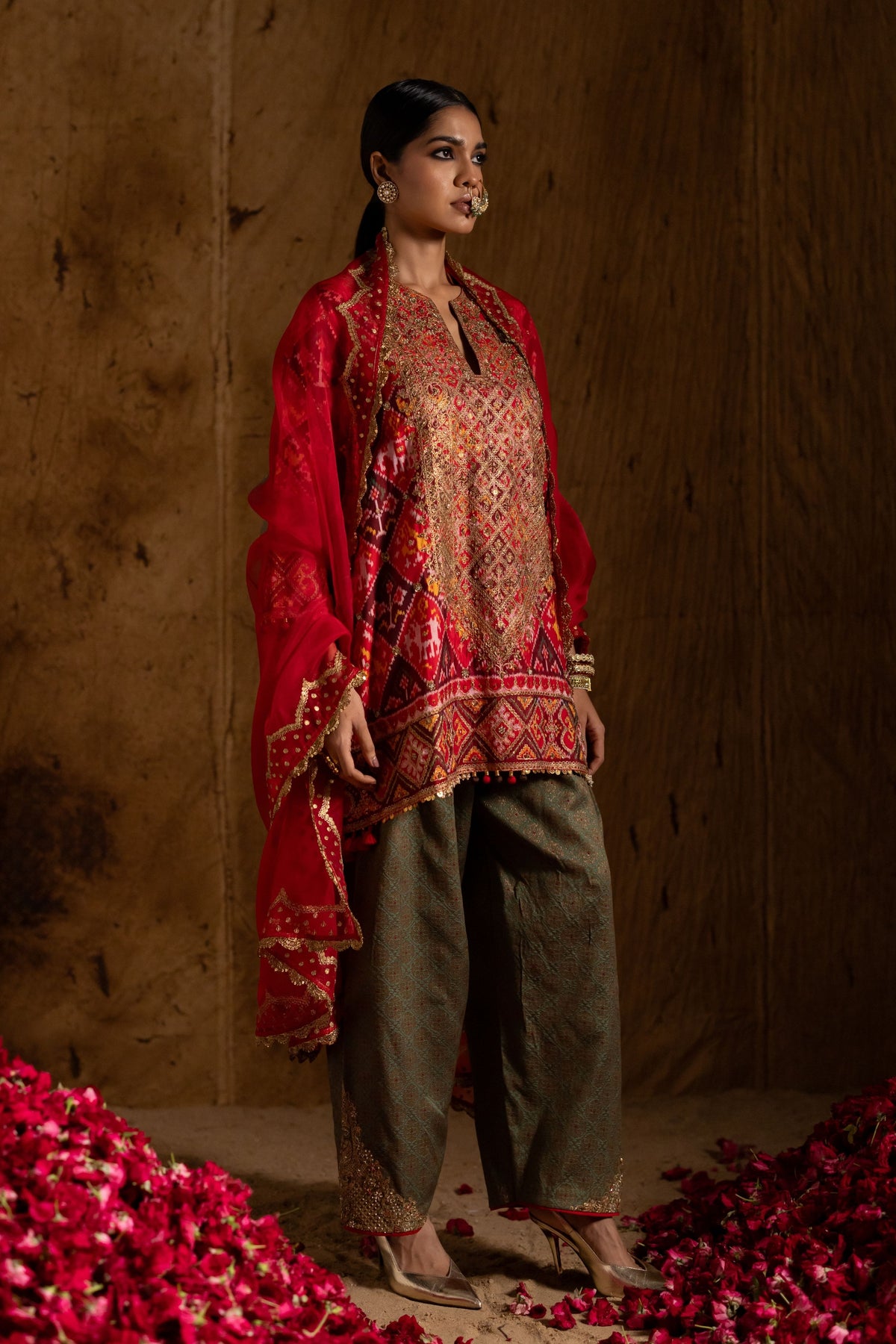 Red Checks Patola Kurta Set