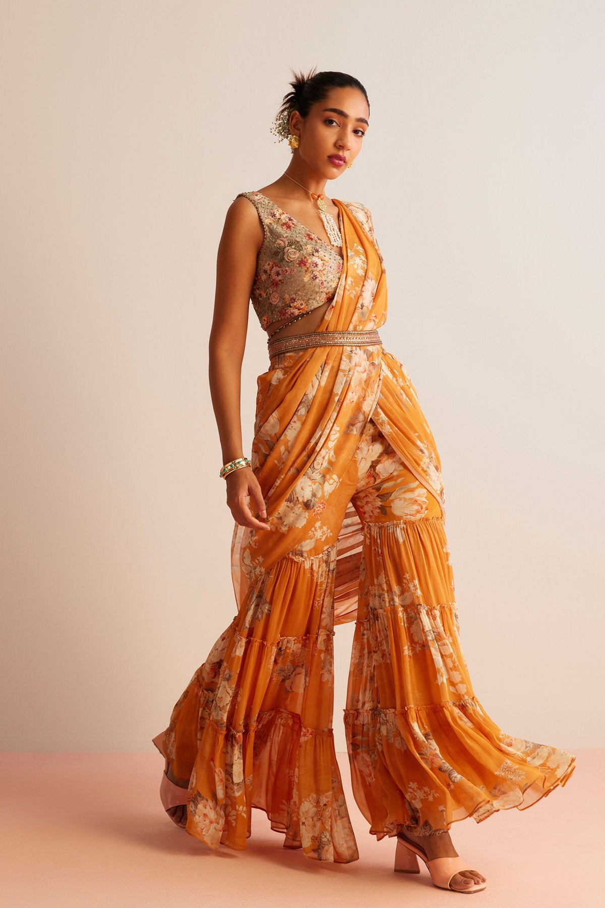 Orange Kayra Pre-draped Saree