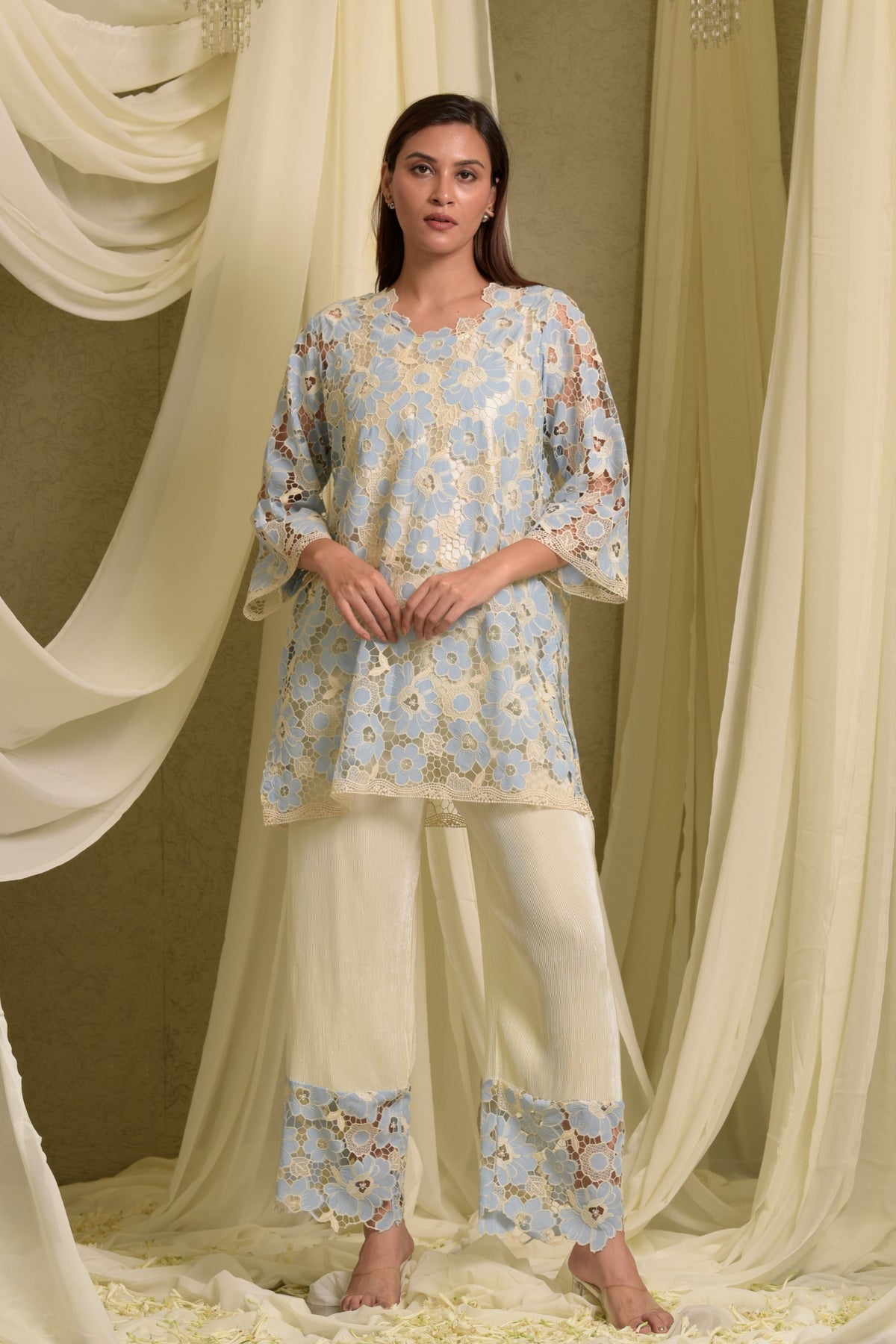 Myra Mesh Floral Blue Kurta Set