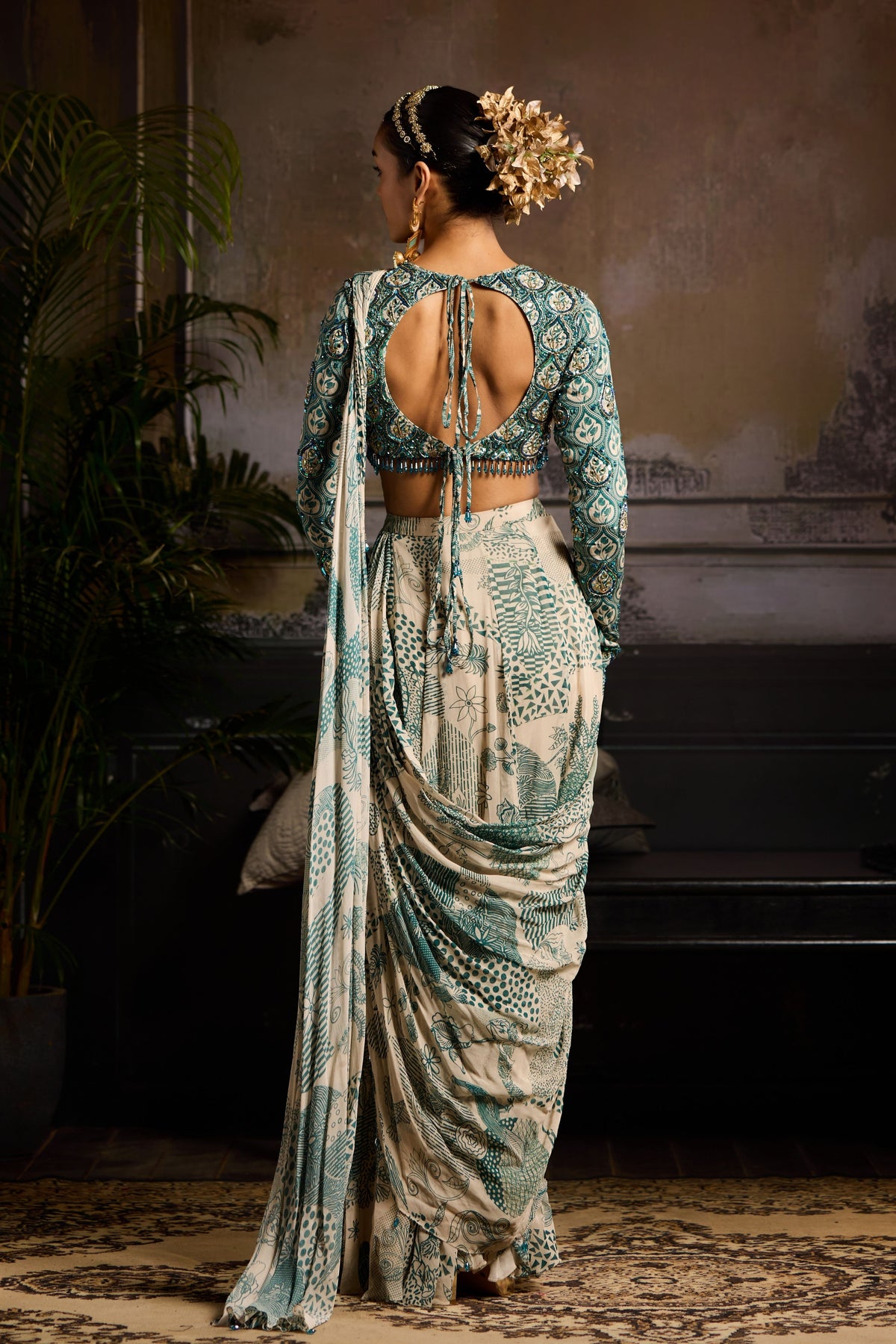 Printed Panelled Drape Saree Set