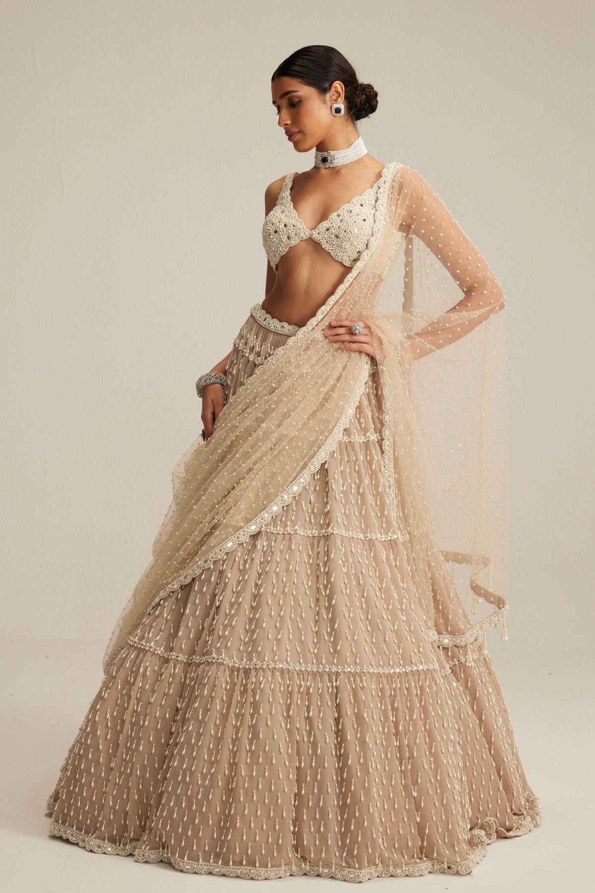 Light Beige Multi Tier Lehenga Set
