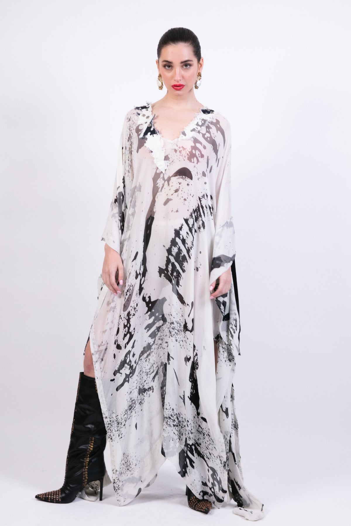 Draped Kaftan With Printed Slip