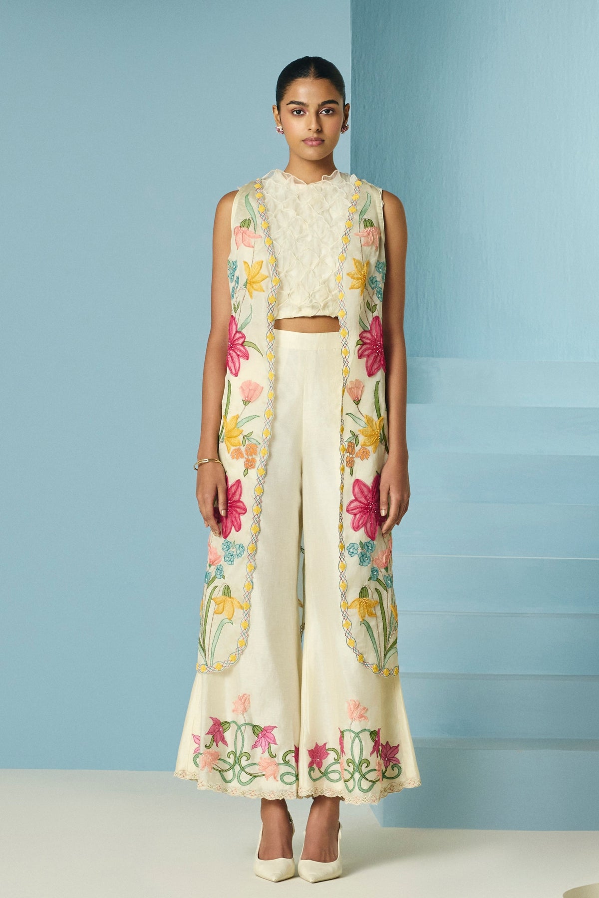 Ivory Floral Applique Long Jacket