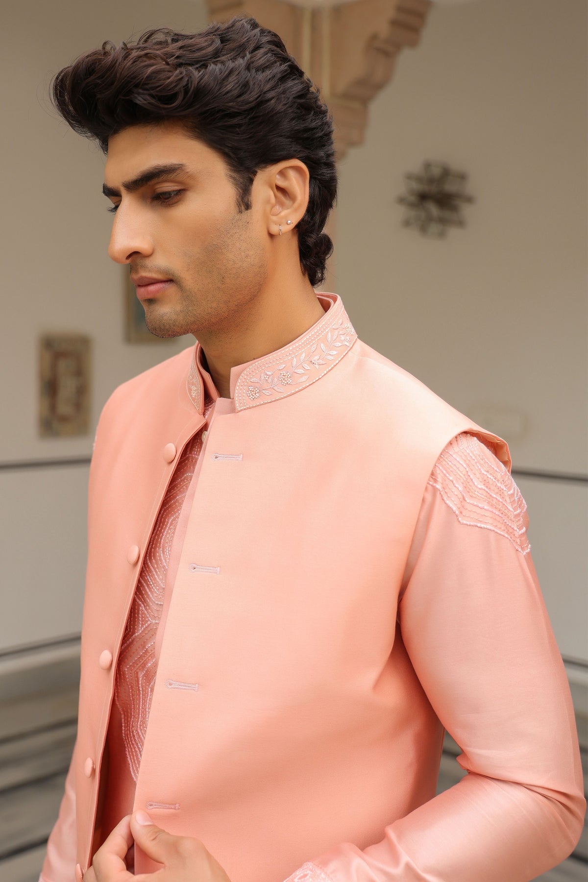 Gulzar Peach Floral Threadwork Bandi Set