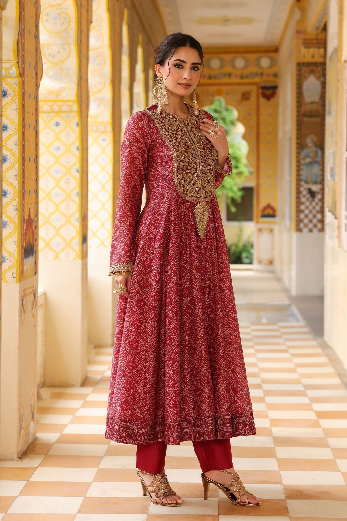 Ahista Maroon Printed Kalidar Set