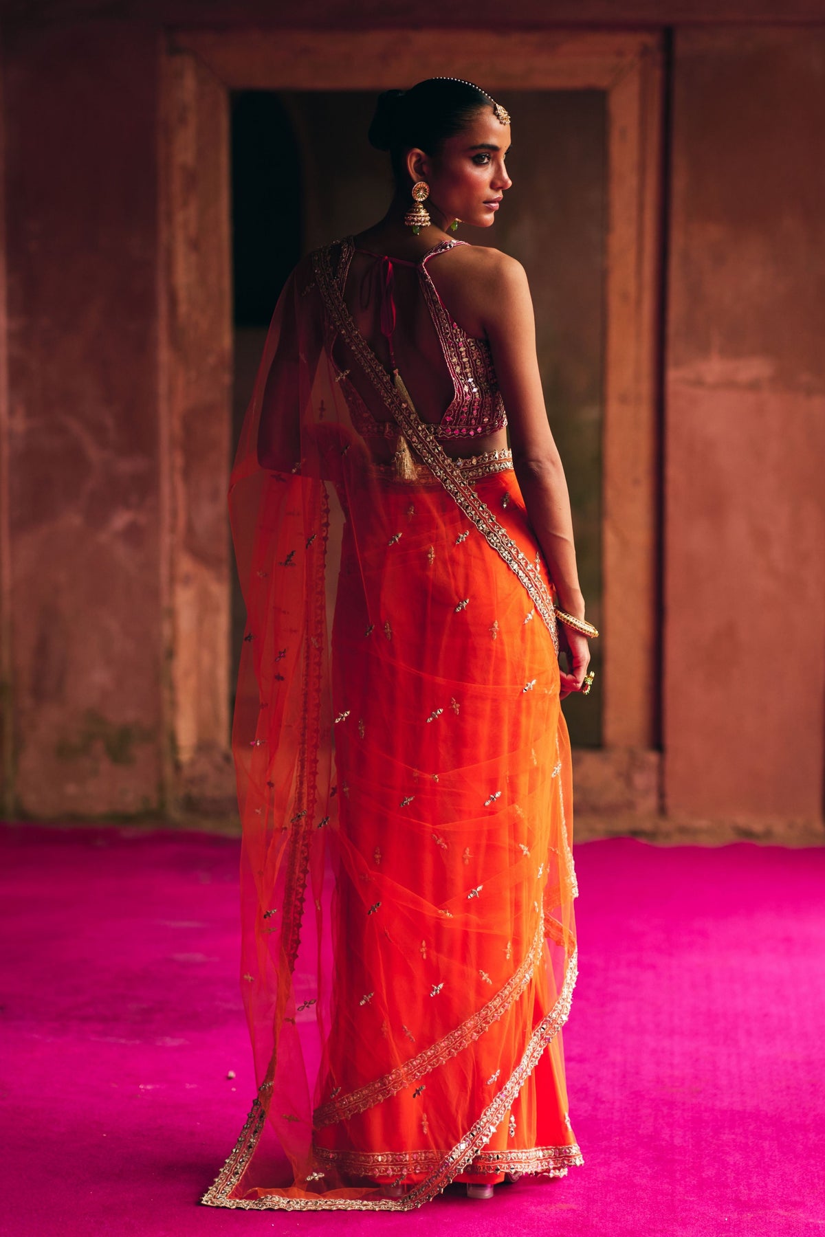 Orange Net Saree Set