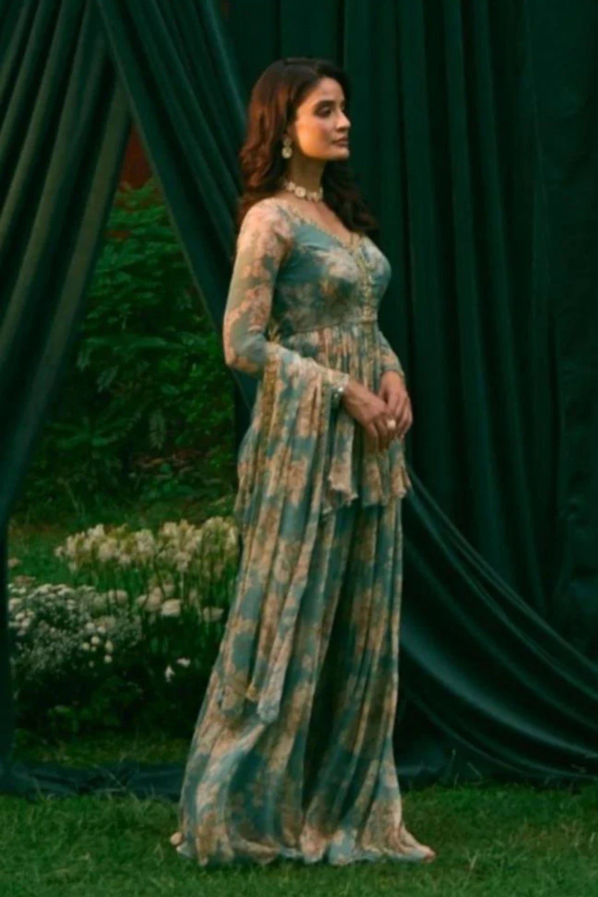 Olive Chiffon Floral Peplum Set
