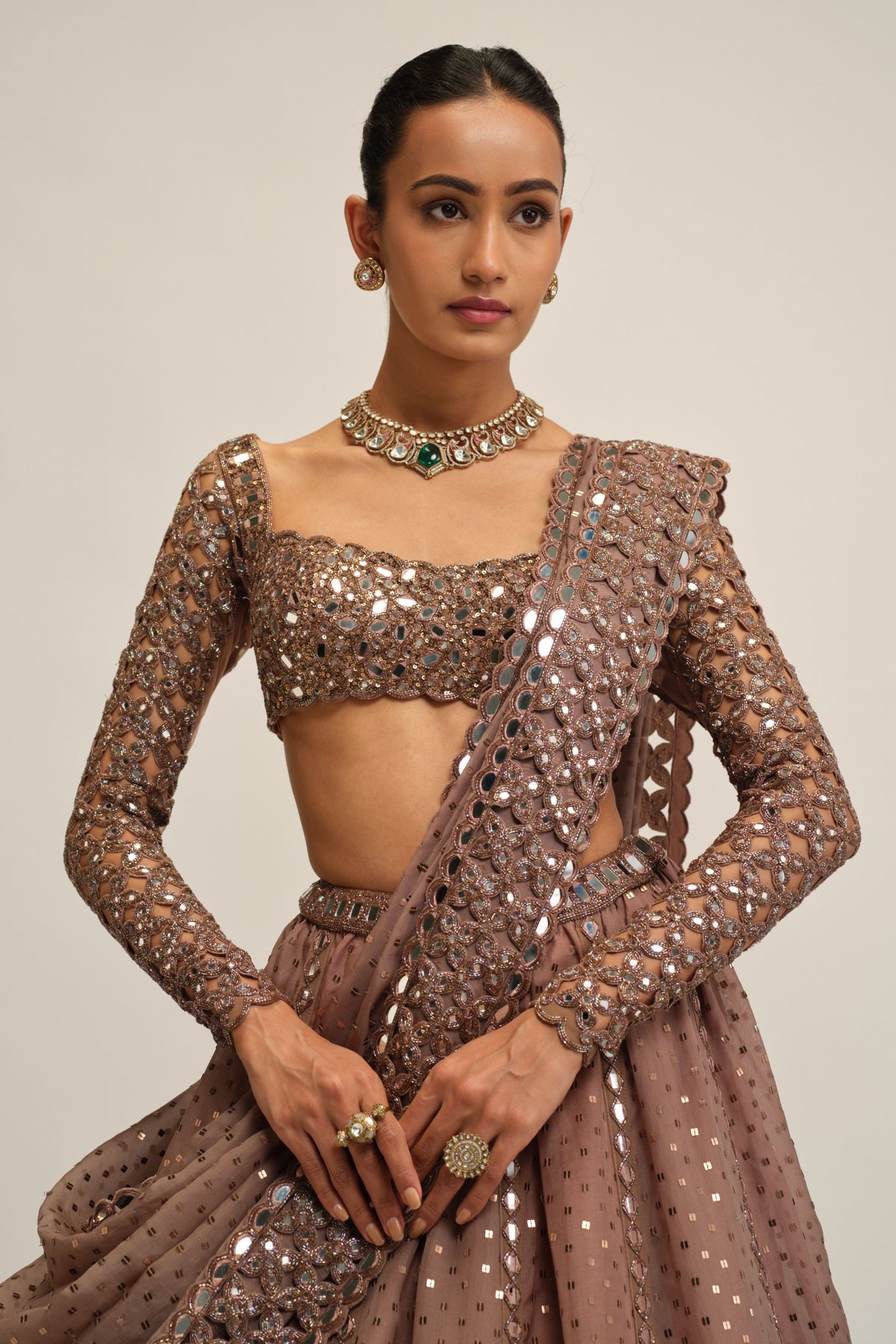 Beige Embroidered Lehenga Set