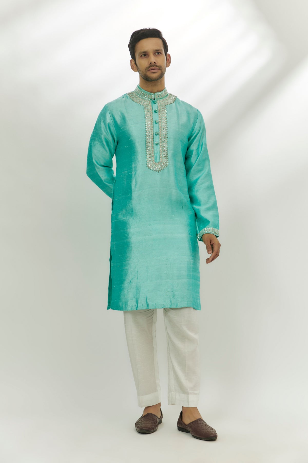 Cyan Blue Rawsilk Embroidered Kurta