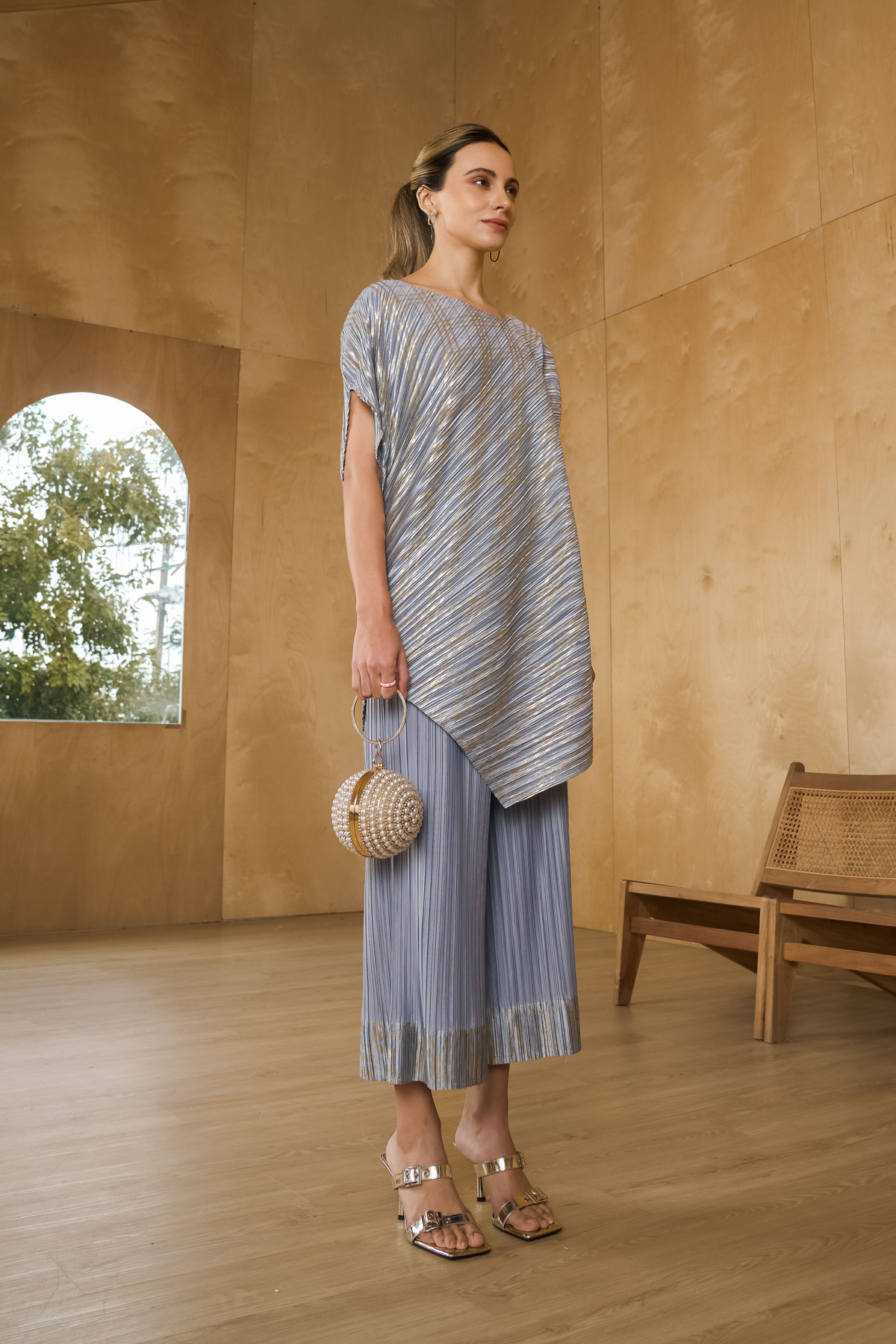 Grey Metallic Kurti Drape Set