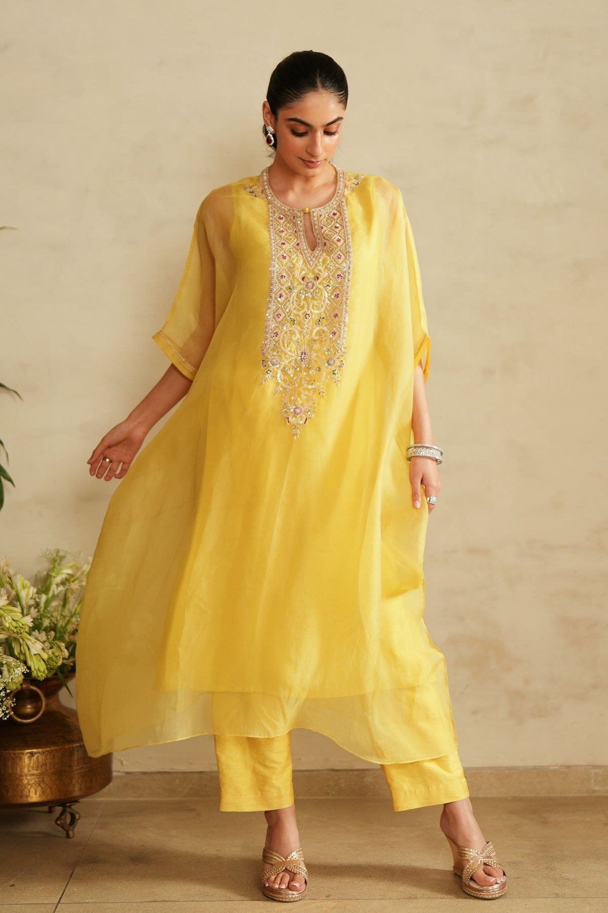 Yellow Zardosi Kaftan Set