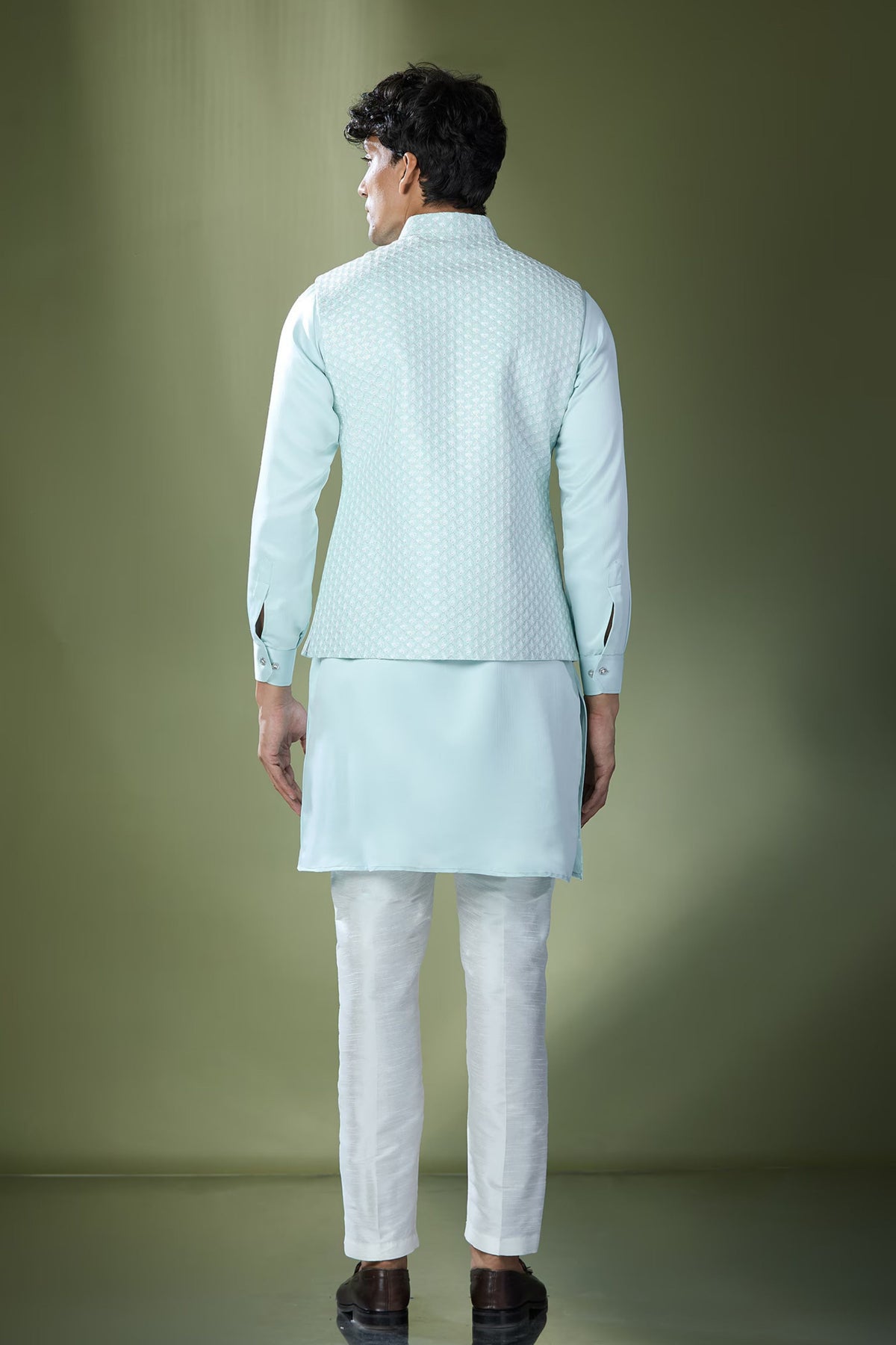 Aqua Blue Embroidered Nehru Jacket Set