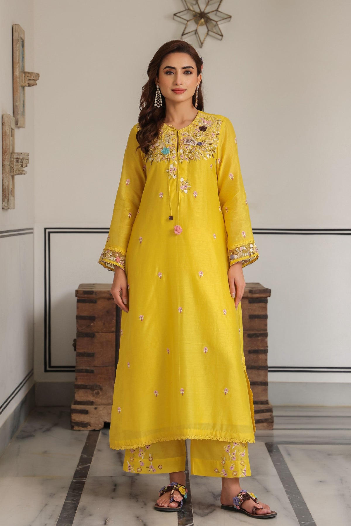 Gulzar Yellow Choker Neck Kurta Set