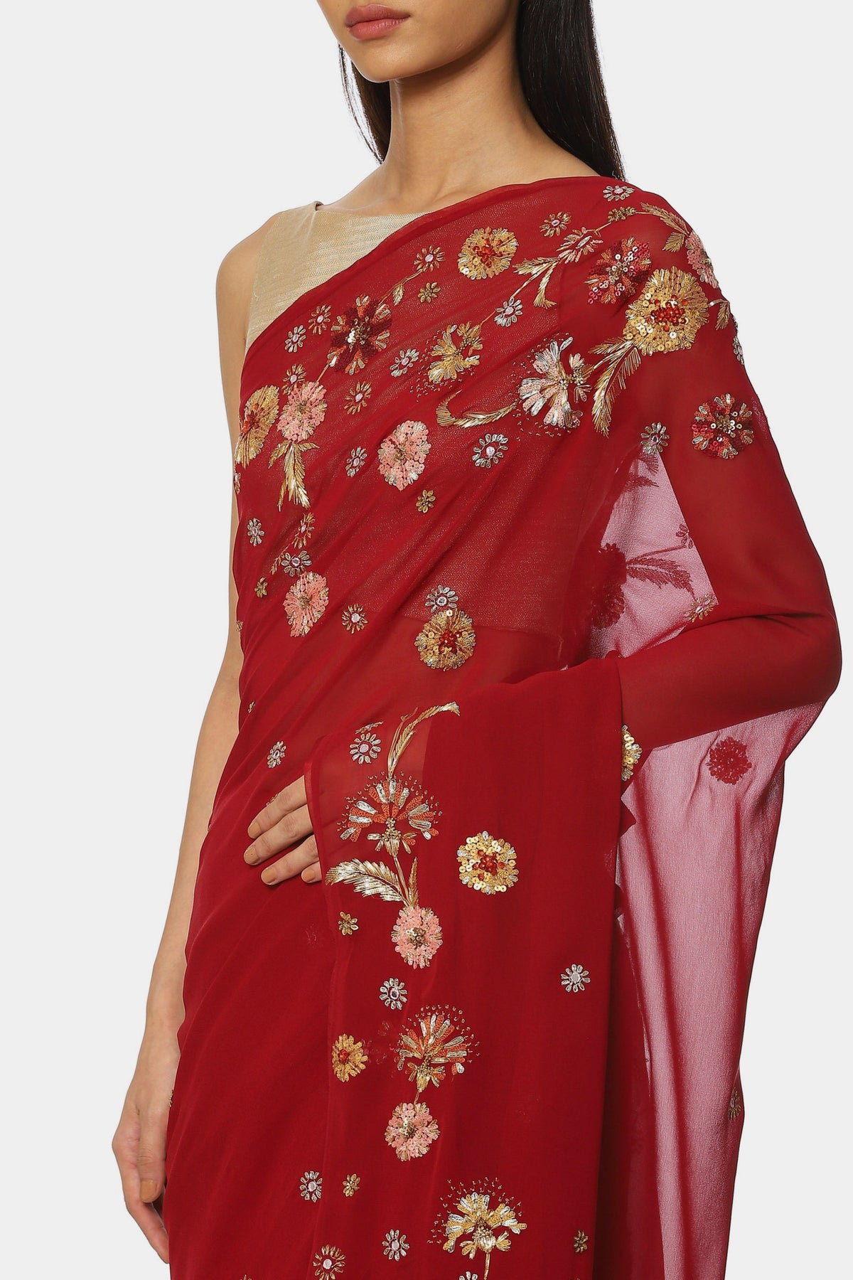 The Embroidered Buds Red Saree